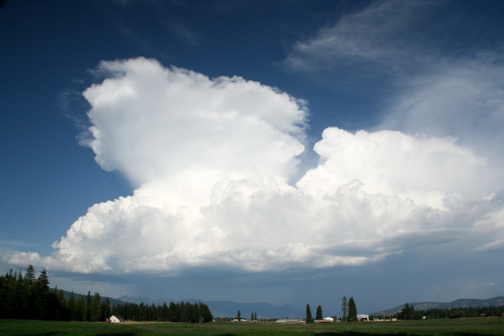 The anvil-shaped top of a cumulonimbus cloud points in the direction the cloud is moving