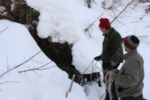 Biologists ready to pull Radandt from the bear den.