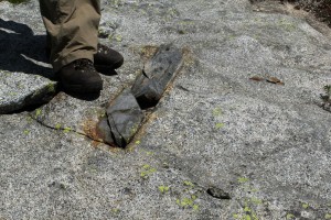 A possible xenolith because the dark rock is unlike anything surrounding it