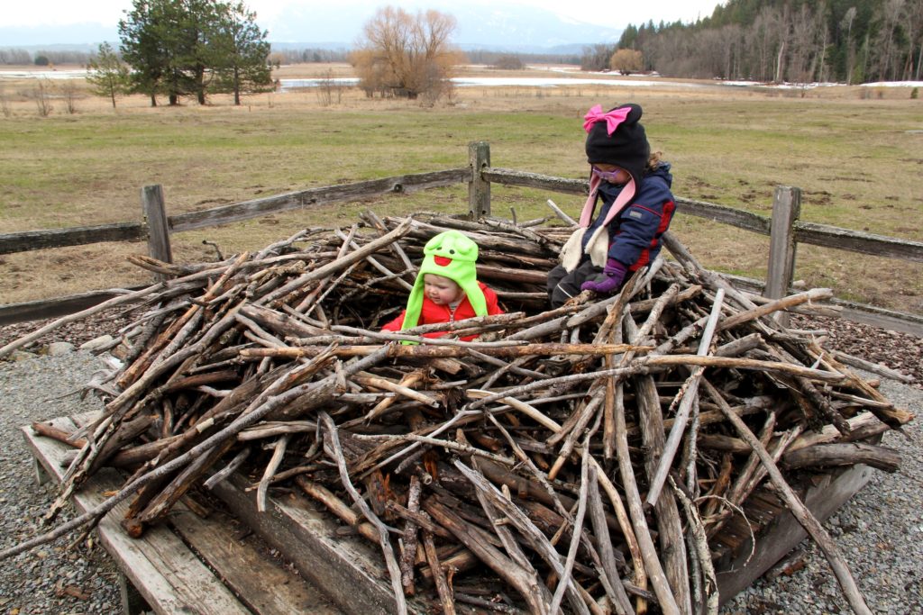 Two young kids inside a replica of a bald-eagle nest