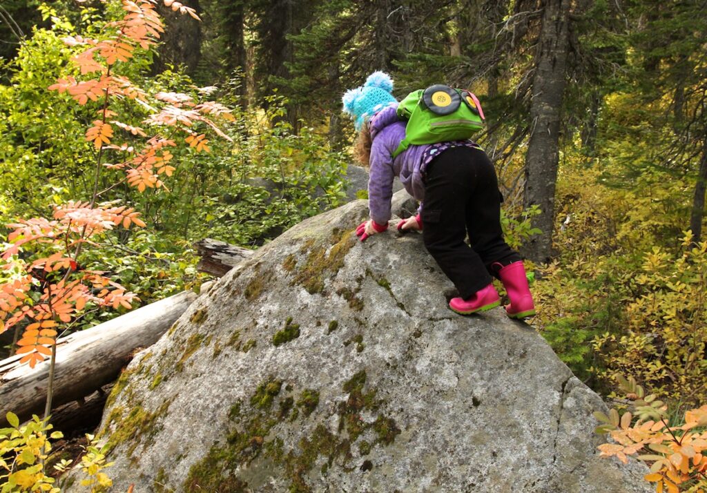Hiking with young kids can involve stopping for a kid to climb on rocks next to the trail.